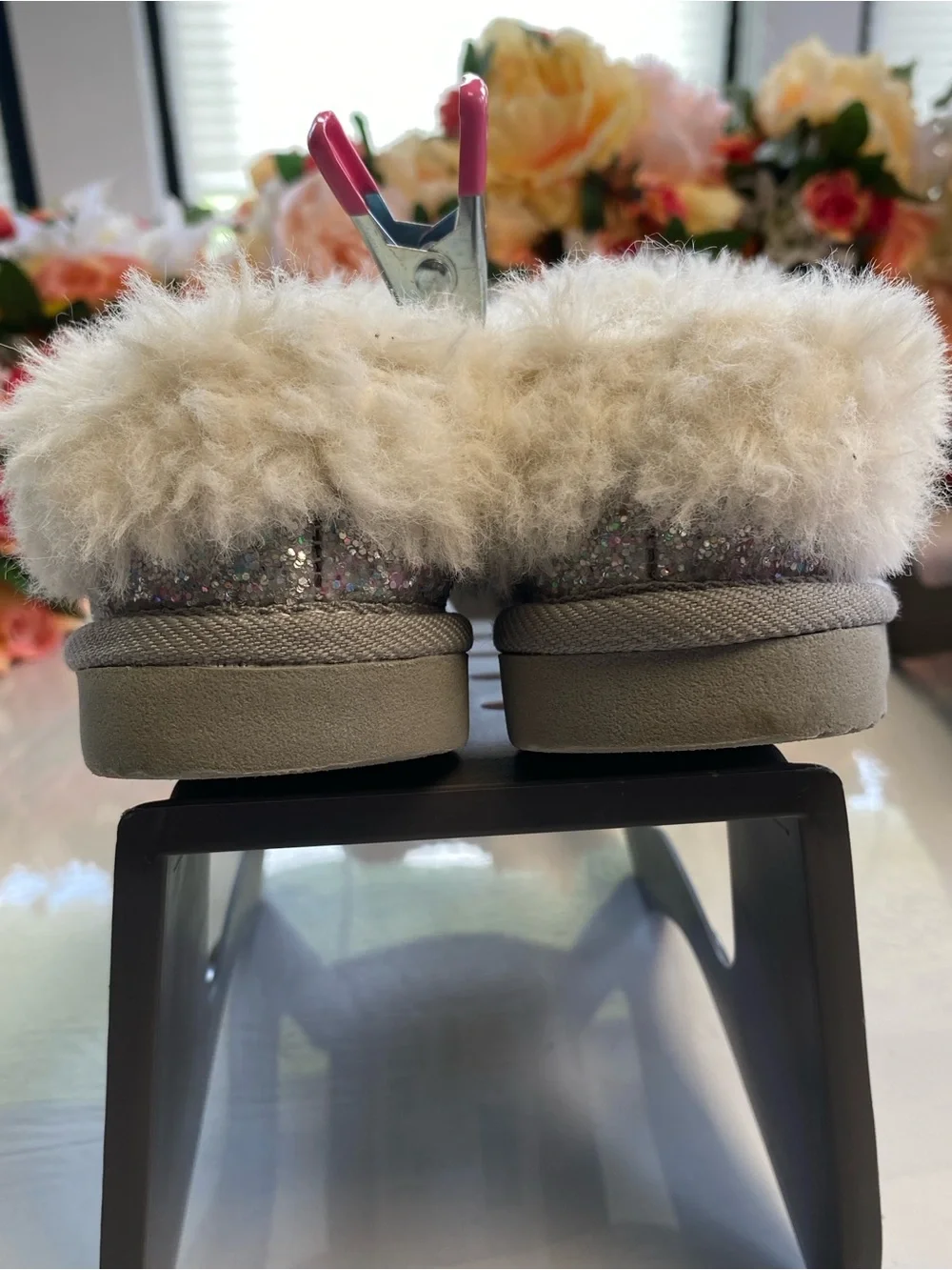 Girls Glitter Faux Fur Ankle Boots Silver Sparkle Cozy Winter Shoes Size 5